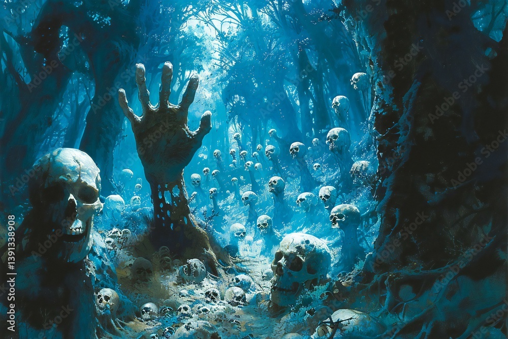 Fototapeta premium Visual Showing Hand emerging from ground in eerie blue forest.