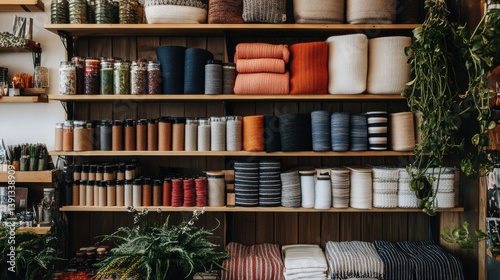 Organized Display of Colorful Yarn and Craft Supplies in a Store photo