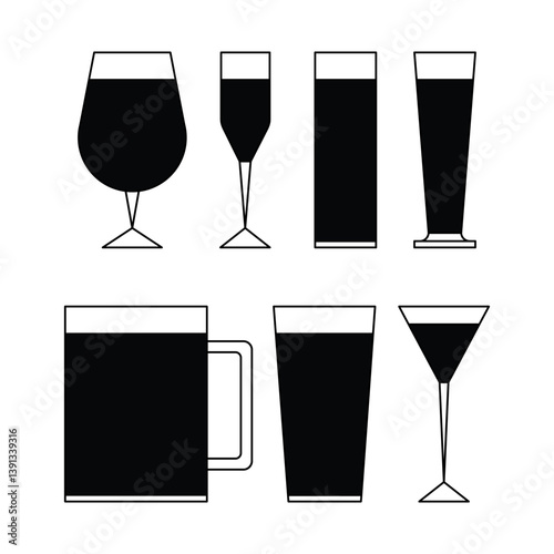 drink icon design with various shapes of glass cups for bar, cafe or restaurant in bold style on white background