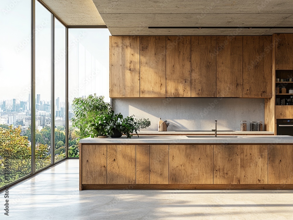 Modern, light-filled kitchen with city views. Wooden cabinets, large countertop, and concrete floors. Sunlight streams through large windows Modern, light-filled kitchen with city views. Wooden cabinets, large countertop, and concrete floors. Sunlight streams through large windows