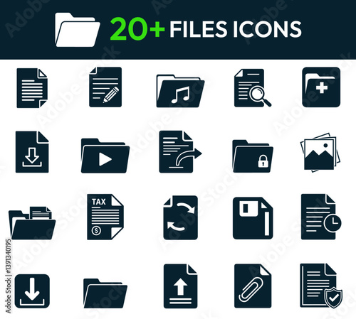 Minimalist File Icons Set – Dark Blue Glyph Style for Documents, Folders, and Multimedia Formats