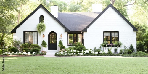 Elegant Home: A beautiful, modern house with black trim, a black roof, and manicured landscaping. It has a front lawn.