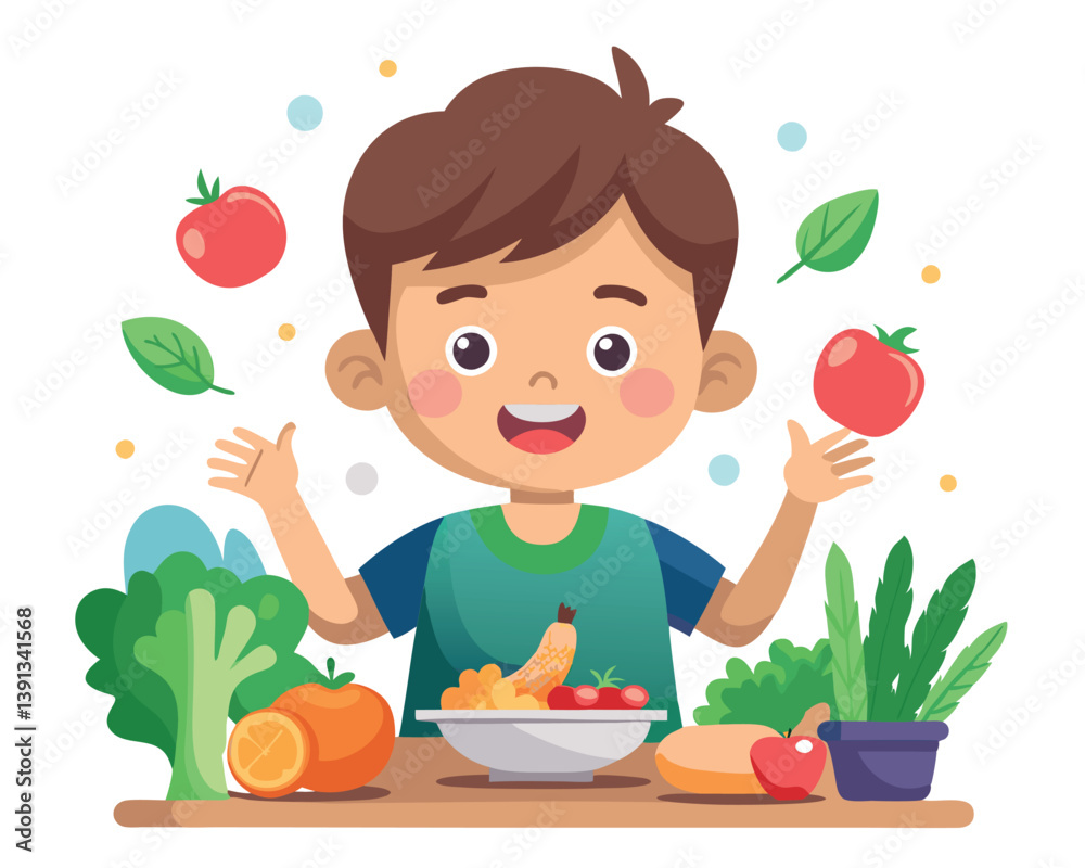 Happy Child Surrounded by Fresh Fruits and Vegetables Enjoying a Healthy Meal at Home Happy Child Surrounded by Fresh Fruits and Vegetables Enjoying a Healthy Meal at Home