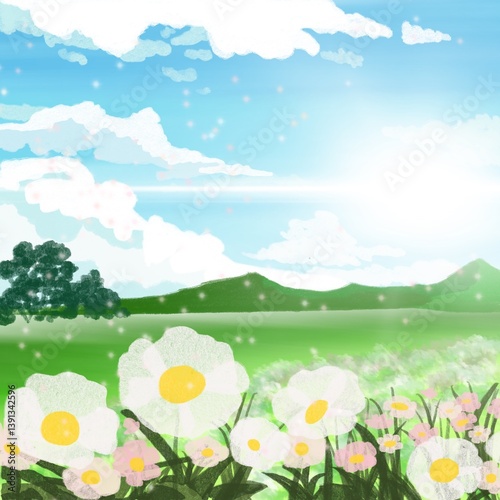 Painting of flowers among the mountains