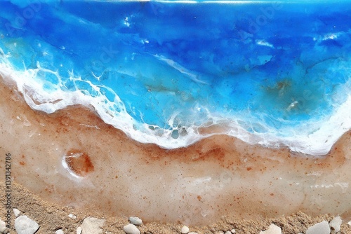 Aerial Serenity Capturing Ocean Waves Meeting Sandy Beach Shoreline in Artistic Resin Painting with Vibrant Blues and Browns
