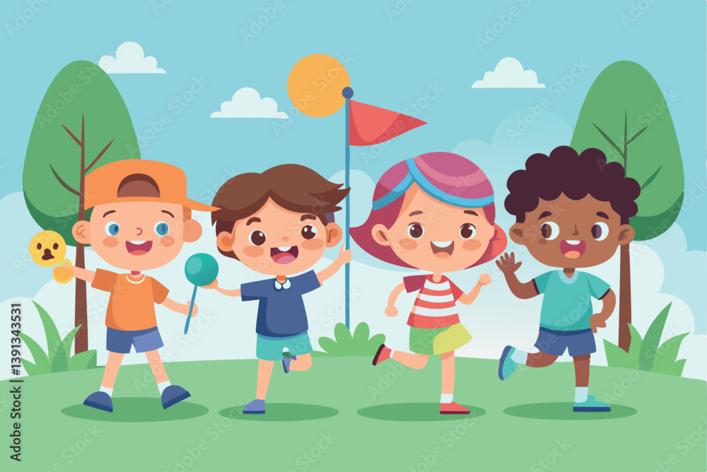 Four Cheerful Children Playing Outdoors in a Park With Colorful Treats and Bright Scenery Four Cheerful Children Playing Outdoors in a Park With Colorful Treats and Bright Scenery