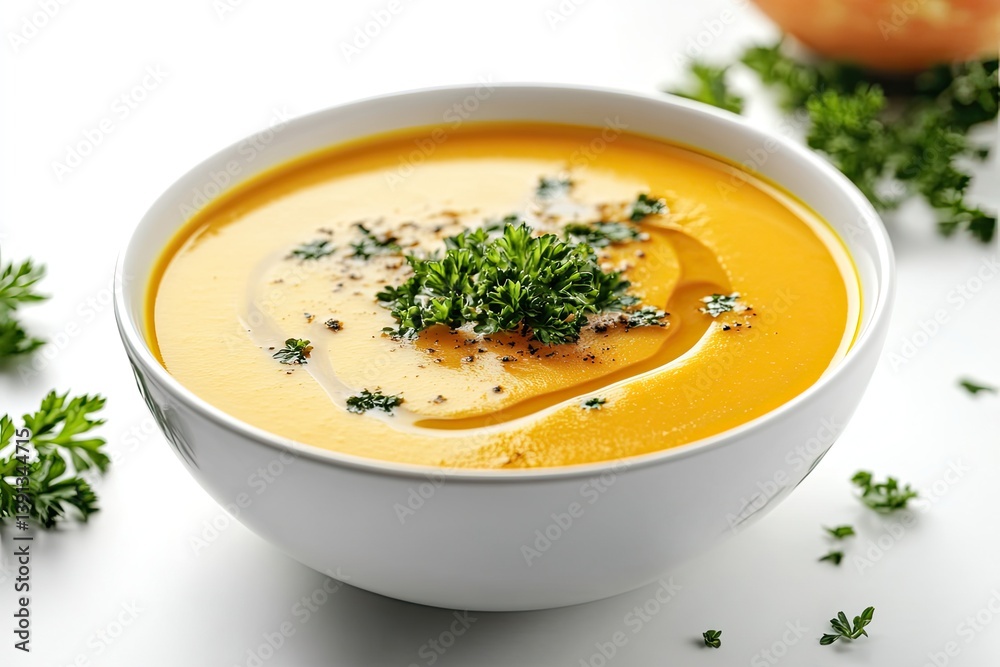 A realistic photo of Butternut Squash Soup, hyper-realistic, isolated on white A realistic photo of Butternut Squash Soup, hyper-realistic, isolated on white