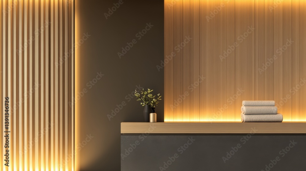 Modern spa reception area with warm lighting, wooden accents, and neatly arranged towels Modern spa reception area with warm lighting, wooden accents, and neatly arranged towels