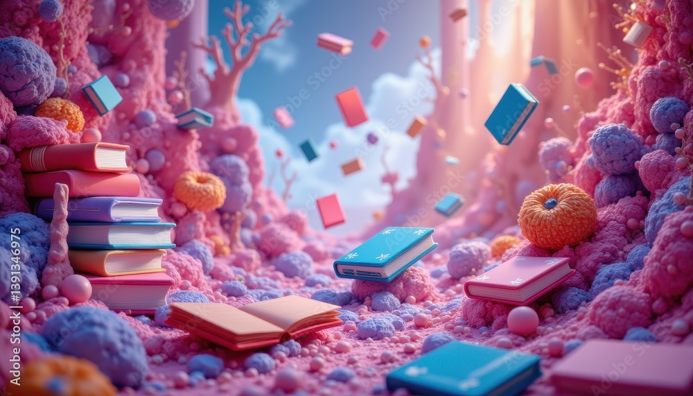3D abstract background with vibrant colors for World Book Day, filled with floating books and magical elements.