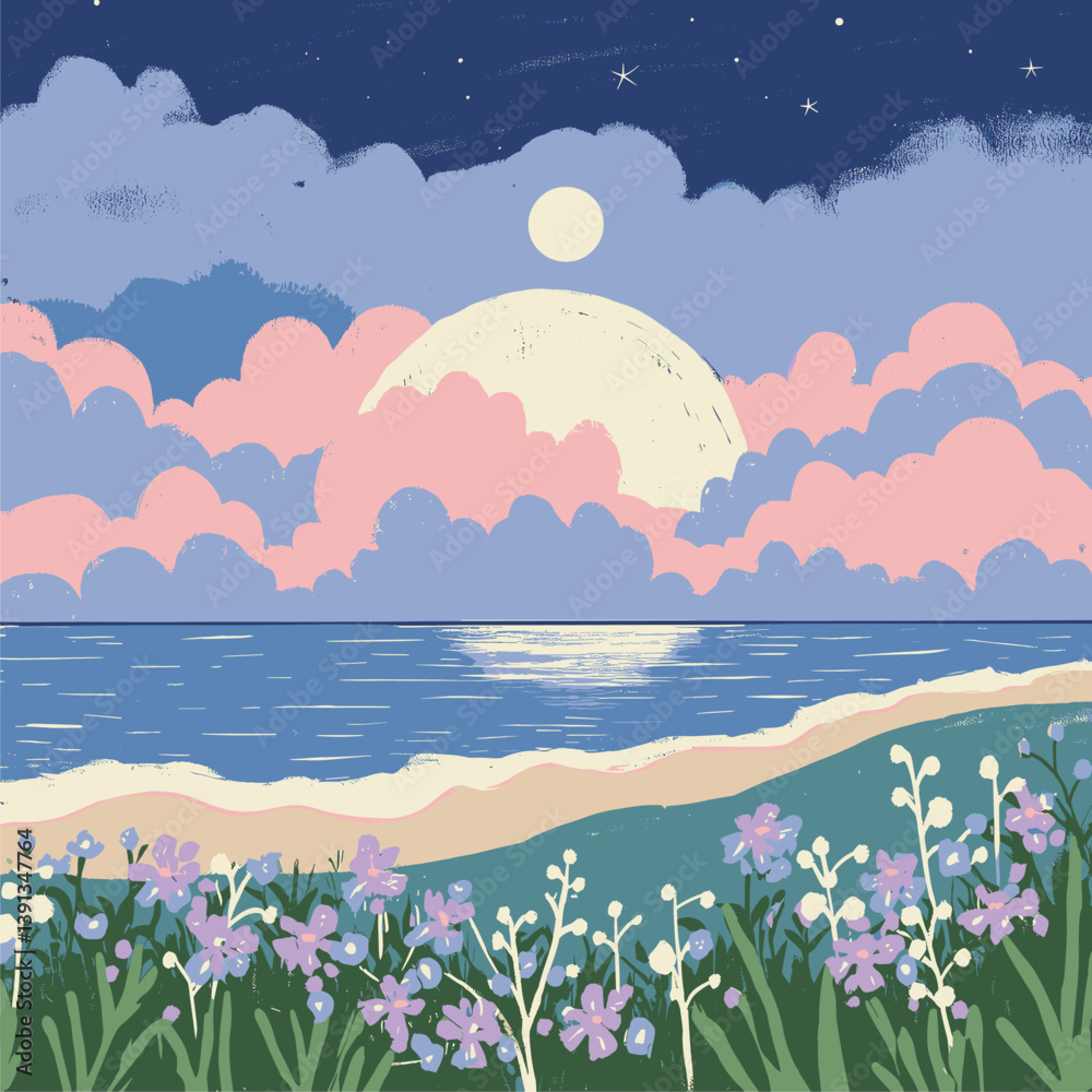 Obraz premium Pastel Moonrise: Tranquil Beach, Floral Meadow, Dreamy Seascape.