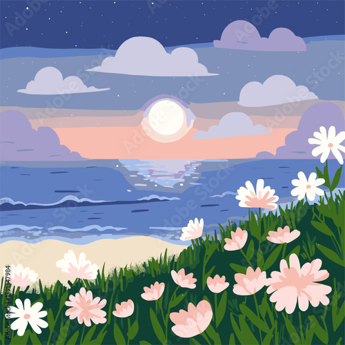 Floral Shoreline: Pastel Sunset Over Calm Ocean, Starry Sky, Grassy Dune.