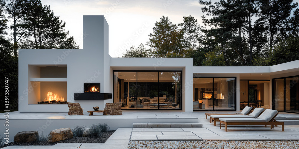 Fototapeta premium Modern house with clean lines, large windows, and cozy outdoor fireplace, surrounded by trees and serene landscape. inviting atmosphere creates perfect retreat