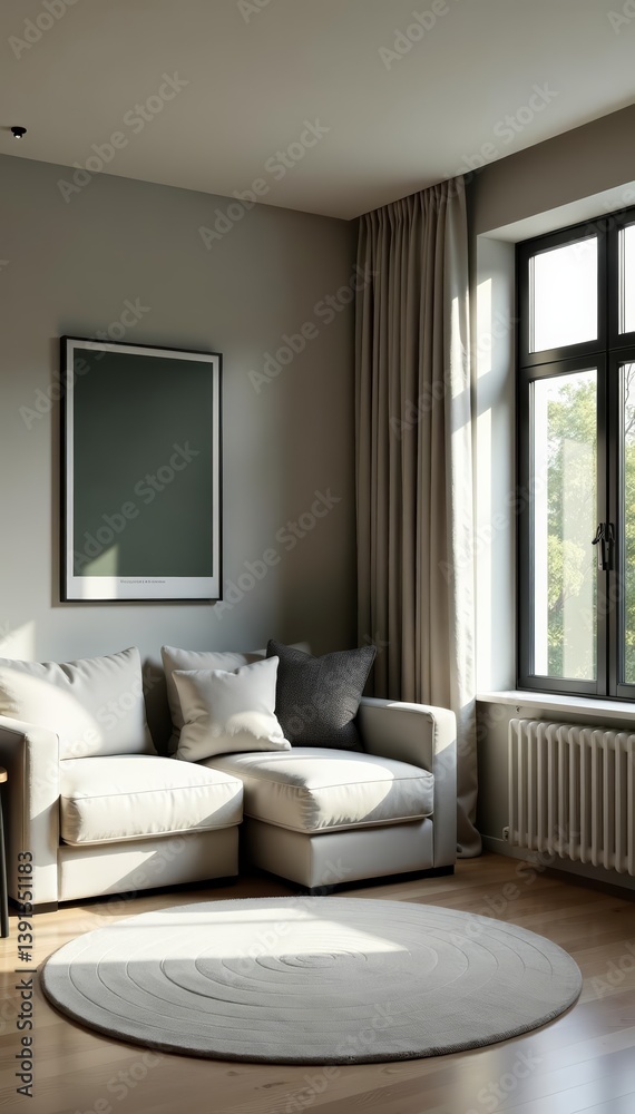 Fototapeta premium Minimalistic gray living area and dining corner with hardwood floors, natural light, monochrome, open concept, clean