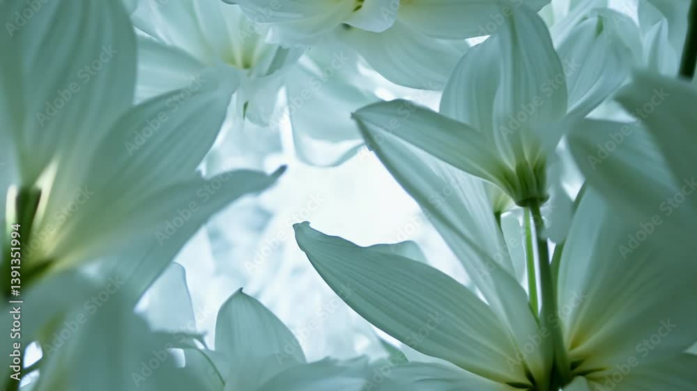Macro dolly in video of a wall of ivory lilies in surgical white leds, ultra-sharp focus reveals individual cellulose fibers in petals, magnifying their paper-like texture