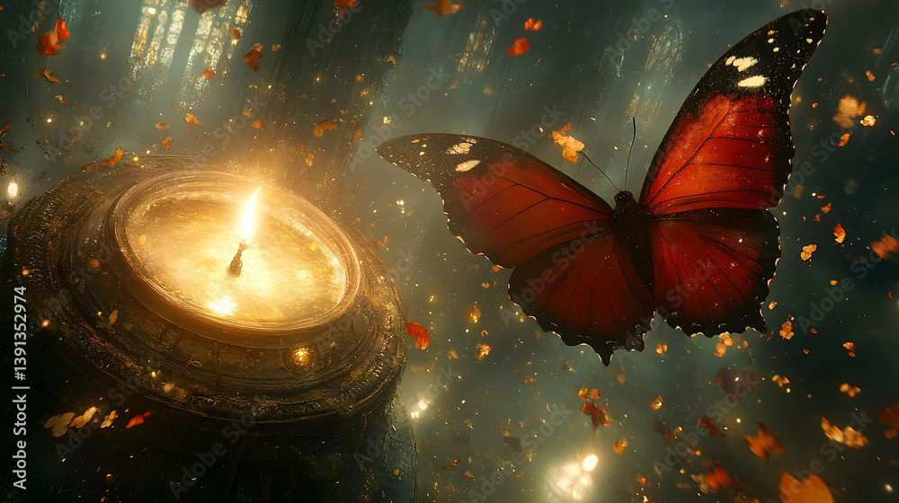 Obraz premium A glowing candle illuminates a red butterfly in a dreamy scene