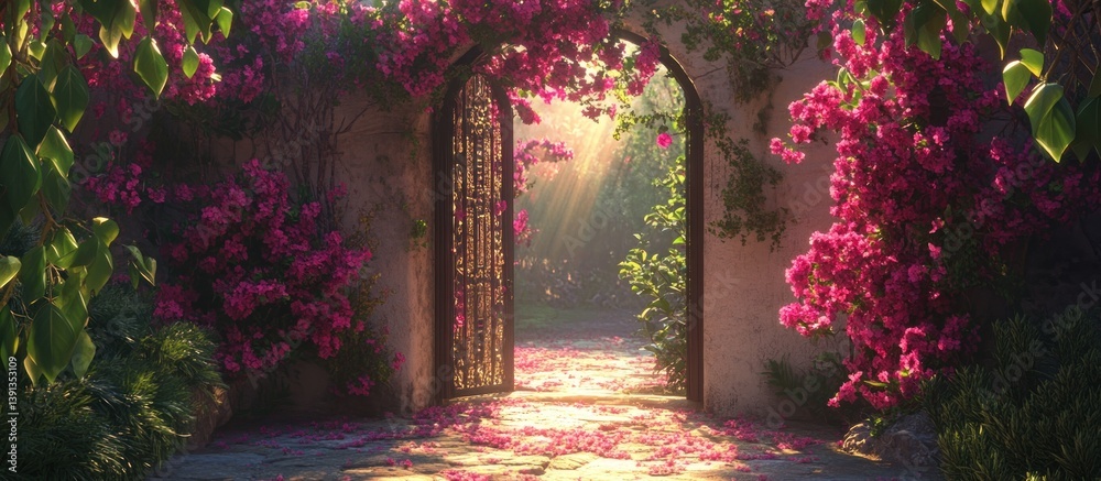 Obraz premium Sunlit Garden Gate, Bougainvillea Arch, Floral Path
