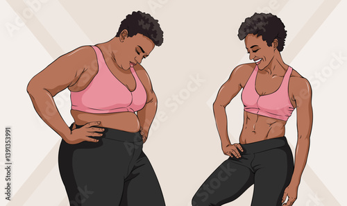 Hand painted pink vest black women before and after fitness body comparison