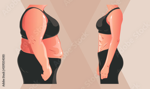 Hand painted style of black sportswear women before and after fitness body comparison