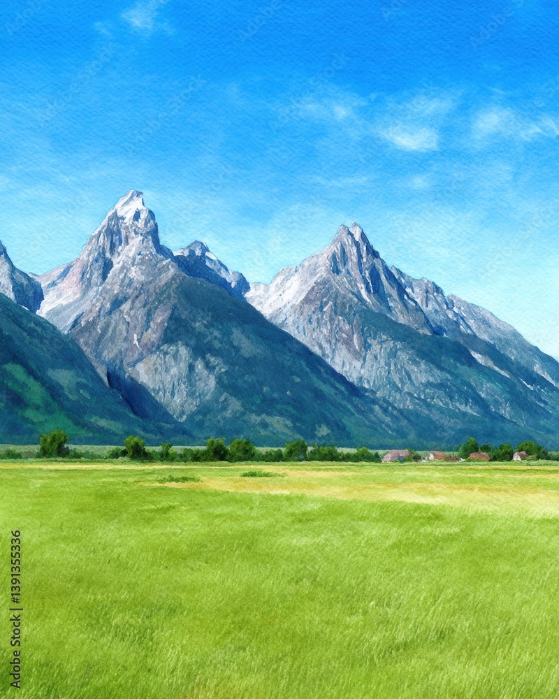Fototapeta premium Serene mountain range landscape with vibrant green meadow under clear blue sky watercolor style