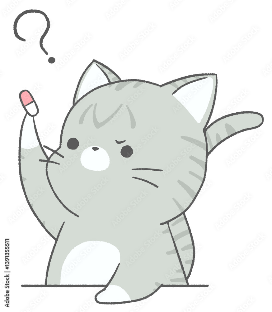 Fototapeta premium A brown tabby cat frowning as it looks at medicine