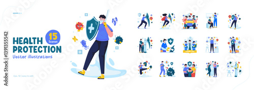 Illustration set of health protection, fight against viruses and bacteria vector design