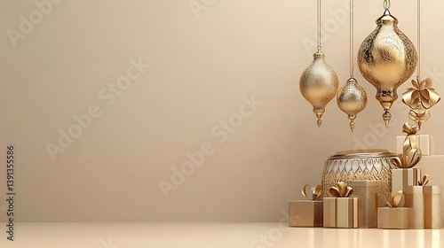 Elegant gold ornaments and gifts on beige background.