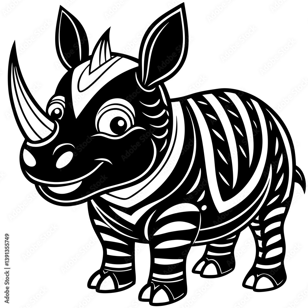 Fototapeta premium Rhino Cute Cartoon Vector: Black and White Animal Illustration Set