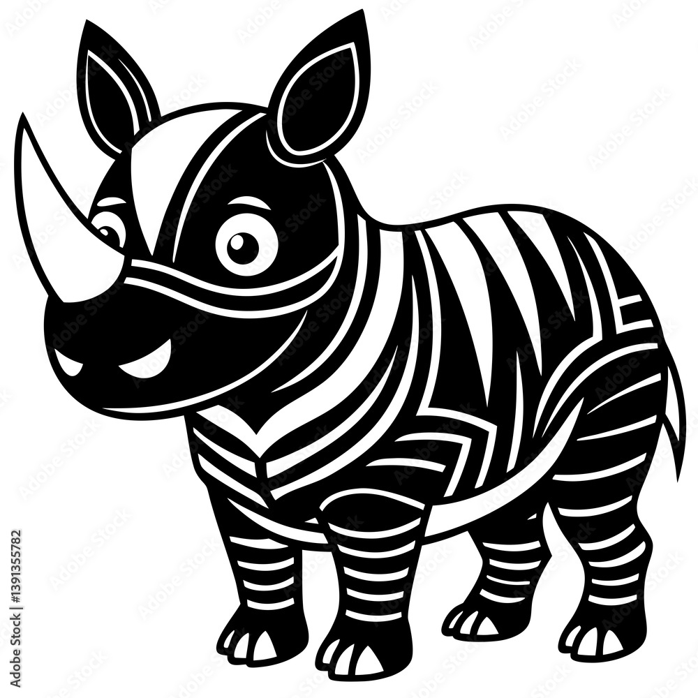 Fototapeta premium Rhino Cute Cartoon Vector: Black and White Animal Illustration Set