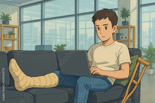 Young man with a leg cast working on a laptop in a modern living room, surrounded by indoor plants and crutches, showcasing productivity despite injury.