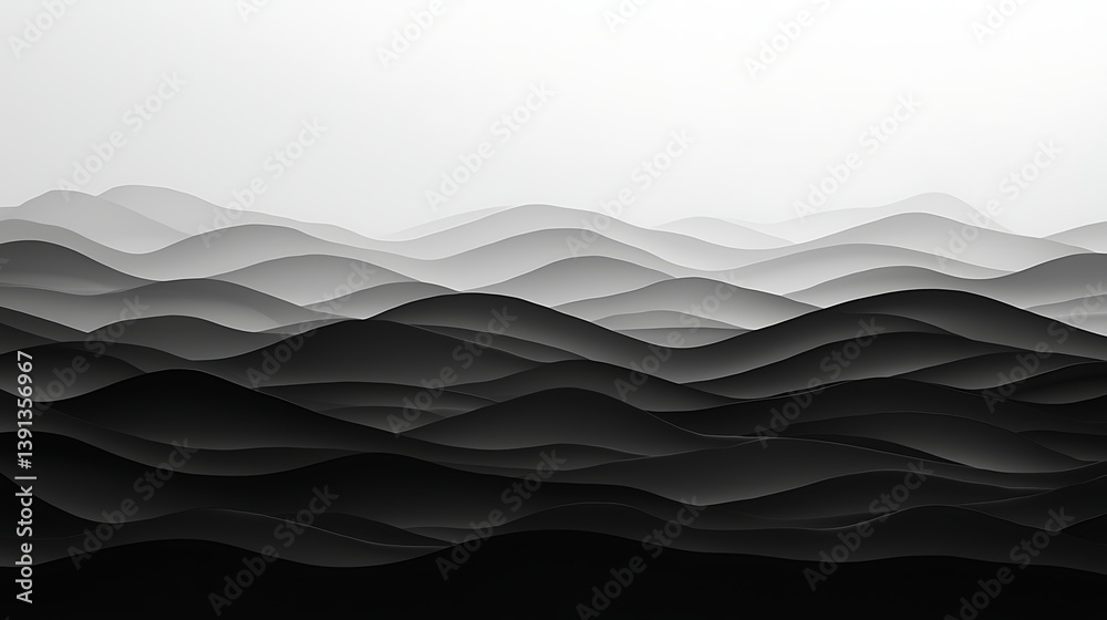 Fototapeta premium Abstract black and white landscape featuring layered waves, creating a serene and minimalist visual effect.