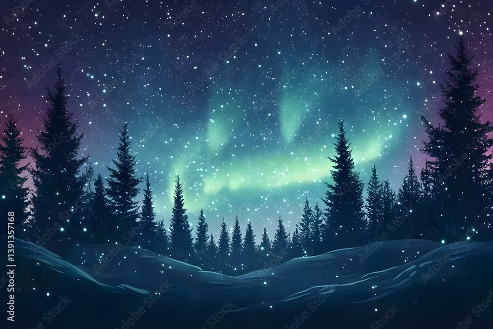 Fototapeta premium Winter forest under starry night aurora borealis