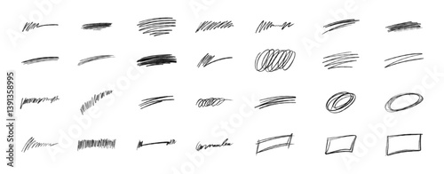 Set of line brush marker, pen, pencil stroke grunge vector. Line brush marker scribble sketch underline. Hand drawn doodle pencil scratch mark. Black pen hand drawn collection