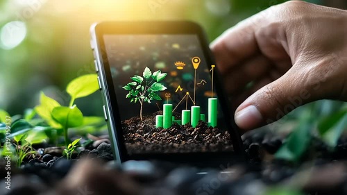 A hand holding a smartphone displaying a digital tree growth chart in a lush green environment
