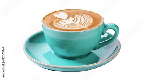 A delightful cup of cappuccino, adorned with stunning latte art, is served in a charming turquoise cup and saucer, all distinctly isolated on a clean white background, a wonderful creation by generati