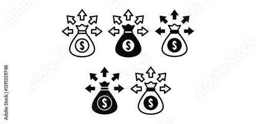 Liquidity Icons Set Money Bags With Arrows Indicating Cash Flow Vector Design