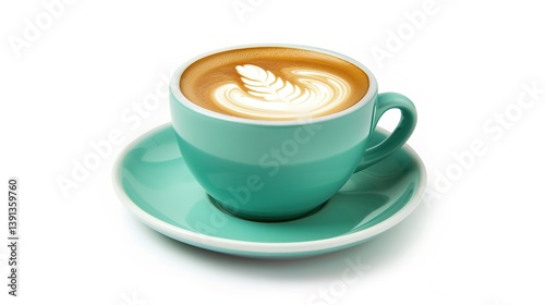 A delightful cup of cappuccino, adorned with stunning latte art, is served in a charming turquoise cup and saucer, all distinctly isolated on a clean white background, a wonderful creation by generati