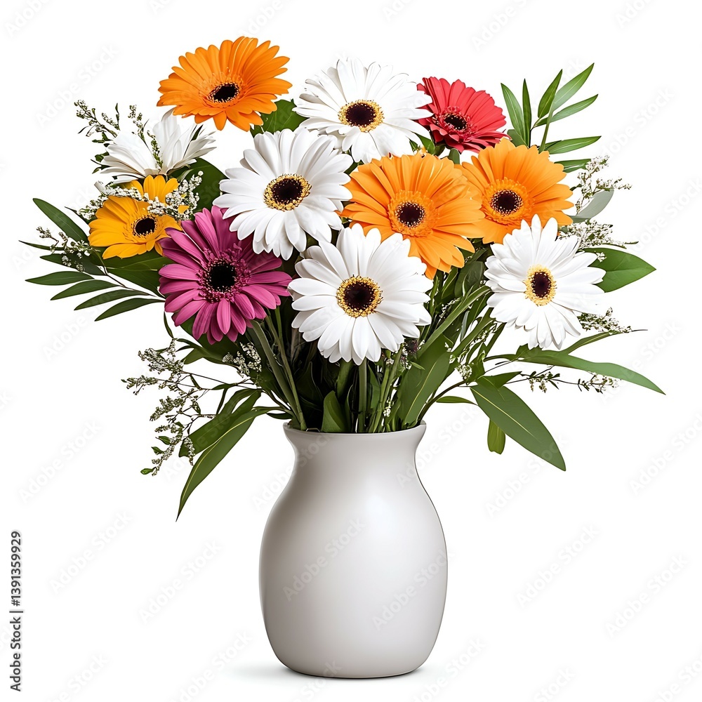 Fototapeta premium A vibrant bouquet of gerbera daisies in a white vase, featuring pink, orange, white, and purple flowers, complemented by green foliage.