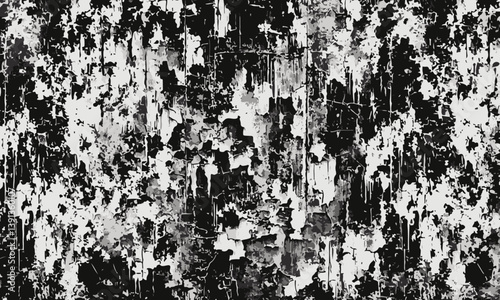 Grungy black and white abstract texture resembling peeling paint or chaotic splatter, creating a distressed and edgy urban aesthetic.