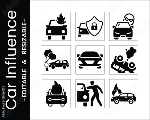 Car Icons Set Depicting Accidents Theft Insurance And Vehicle Safety Problems