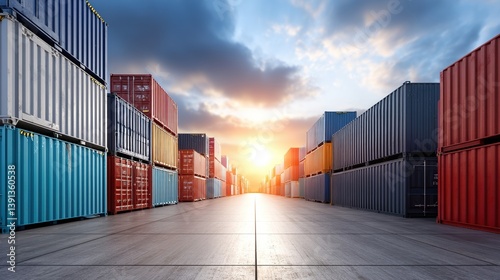 Wallpaper Mural A vibrant sunset illuminates a row of shipping containers in a warehouse, creating a striking industrial landscape. Torontodigital.ca