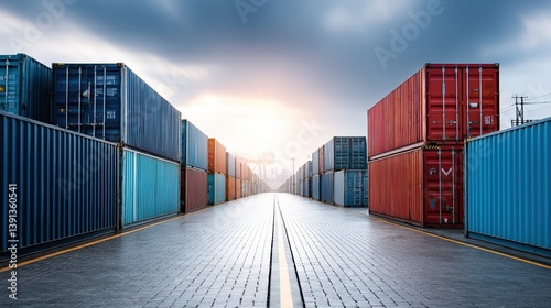 Wallpaper Mural A wide view of shipping containers lined up along a pathway, under a cloudy sky with a hint of sunlight breaking through the clouds. Torontodigital.ca