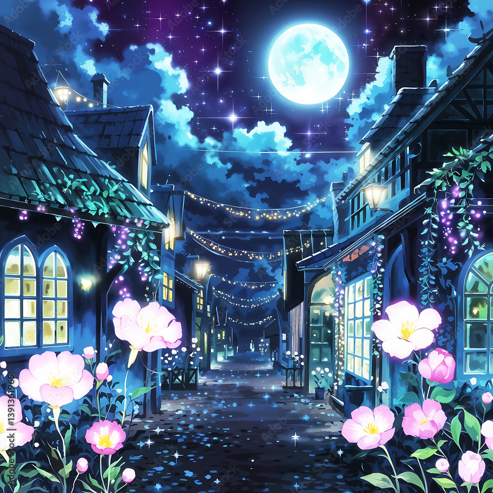Fototapeta premium A magical town at midnight, featuring glowing flowers, fairy lights, and mystical moon.