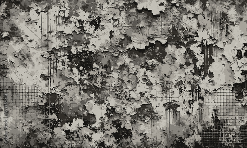 Grungy black and white abstract texture resembling peeling paint or chaotic splatter, creating a distressed and edgy urban aesthetic.