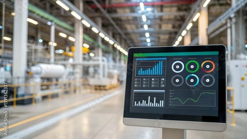 Carbon Reduction concept. A digital display in a factory setting showcases various analytics and performance metrics, highlighting data visualization for operational efficiency.