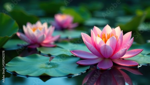 Intricate water lilies, lotus blooms on calm lake surface, peaceful, elegant