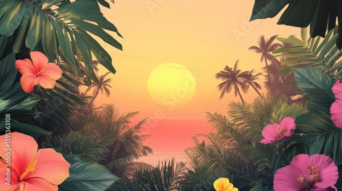 Exotic palmframed beach scene with vibrant tropical flowers and a glowing sunset in the background