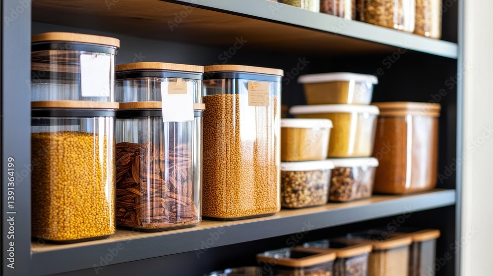Organized pantry with clear containers holding various spices and grains on wooden shelves Organized pantry with clear containers holding various spices and grains on wooden shelves