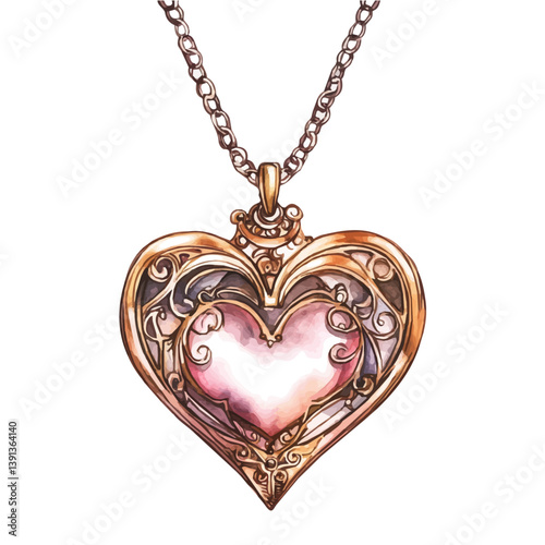 Heart-shaped pendant necklace, watercolor illustration, isolated on a white background.

