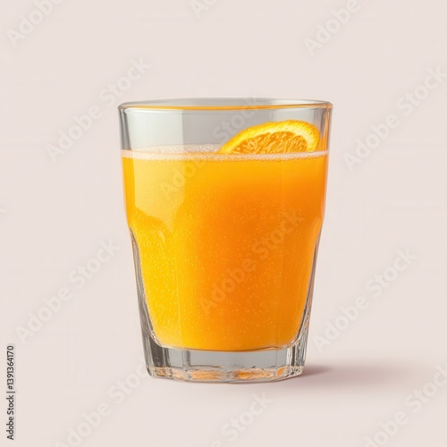 Refreshing orange juice in glass with orange slice against soft background studio shot healthy drink