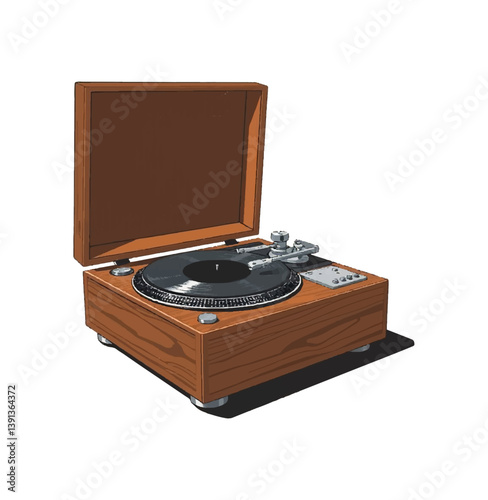 Vintage turntable illustration featuring a wooden case, open lid, and a black vinyl record on the platter. Retro record player design, isolated on a white background. Concept of music, audio equipment